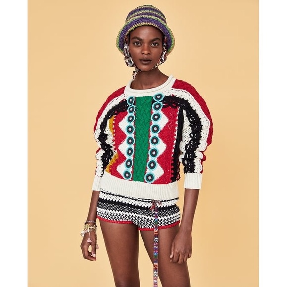 Zara Sweaters Zara Studio Multicolor Crochet Cable Knit Sweater